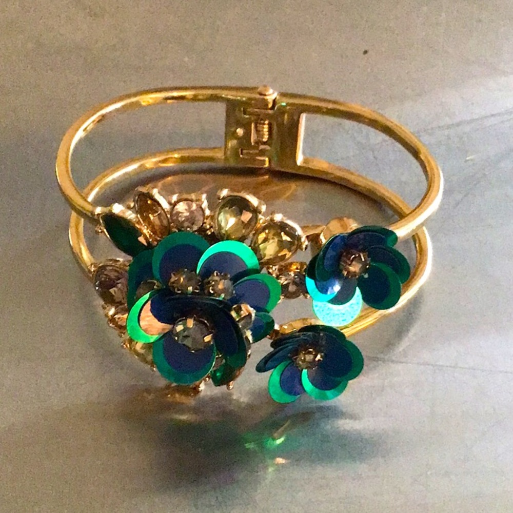 Hinged Cuff Bracelet w/ blue/green/topaz sequins and stones.